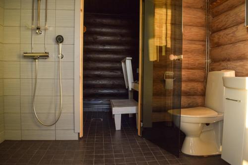 a bathroom with a toilet and a walk in shower at Loma-Autio Apaja in Puumala