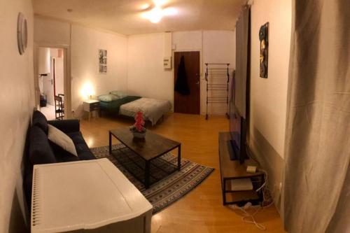 un salon avec un canapé et une table dans l'établissement Appart T1 Gare TGV spacieux et tout équipé, au Mans