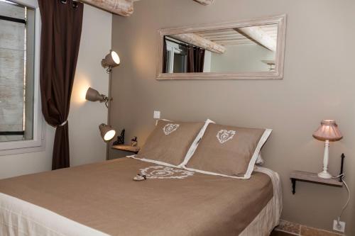 sypialnia z łóżkiem z lustrem na ścianie w obiekcie Le JARDIN DES DELIS gite NEUF avec piscine bio UV w mieście Saint-Saturnin-lès-Apt