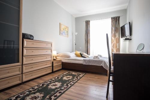 a bedroom with a bed and a large window at Apartament Bystry Centrum APARTZAKOP in Zakopane