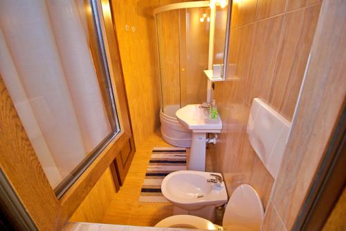 a small bathroom with a toilet and a sink at Pensiunea Nordica in Statiunea Borsa