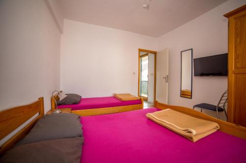 two beds in a room with pink carpet at Apartments Grulović in Srima