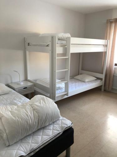 FårösundにあるGotlands Idrottscenter Vandrarhemのベッドルーム1室(二段ベッド2組、ベッド1台付)