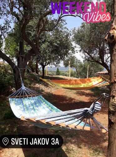 two hammocks hanging from trees in a park at Holiday Home Ruby in Sveti Jakov