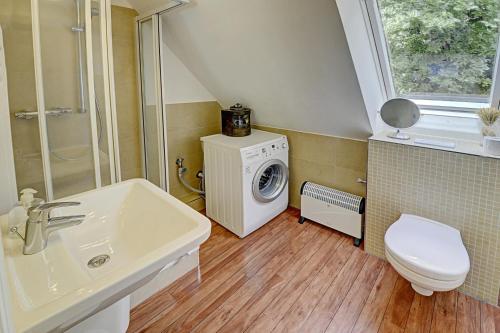 y baño con lavabo y lavadora. en fewo1846 - Kajuete am Nordermarkt - maritim eingerichtetes Studio-Apartment im Stadtzentrum, en Flensburg