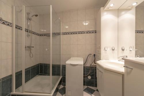 ein Bad mit einer Dusche, einem WC und einem Waschbecken in der Unterkunft Wijde Blick appartement 208 - Callantsoog in Callantsoog