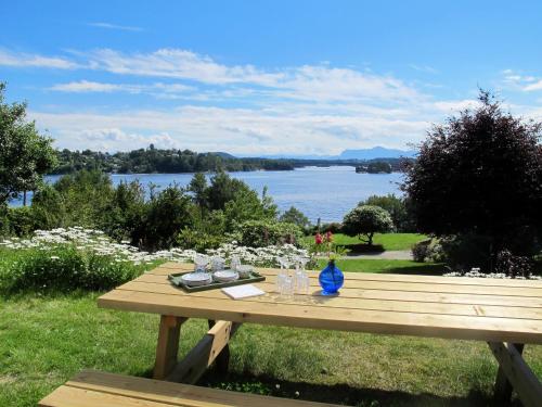 - une table de pique-nique en bois avec vue sur le lac dans l'établissement Holiday Home Strøneneset - FJH231 by Interhome, à Hagavik