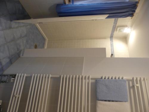 a bathroom with a radiator and a shelf with a towel at Ferienwohnung Max Fegg in Anger