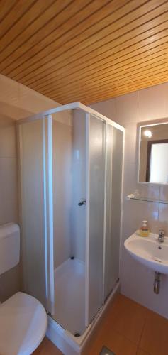a bathroom with a shower and a toilet and a sink at Garni Stanger in Lovran