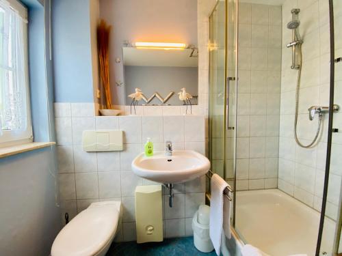 ein Bad mit einem Waschbecken, einem WC und einer Dusche in der Unterkunft Dünenresidenz Heideweg 7a in Ostseebad Karlshagen