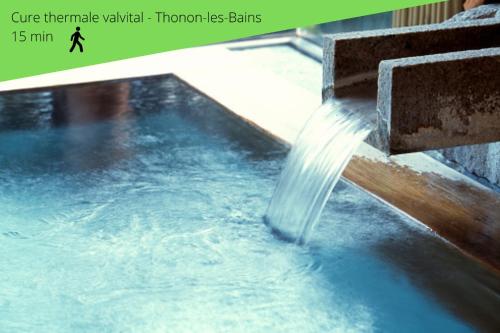 une chute d'eau dans un bassin d'eau dans l'établissement Le Moderne, à Thonon-les-Bains