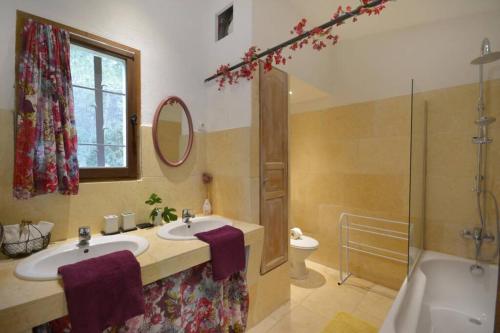 une salle de bain avec un lavabo, une douche et des toilettes dans l'établissement Villa Glycine -Mas de Joseph aux Baux de Provence, à Fontvieille