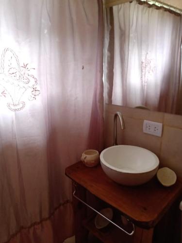 a bathroom with a sink and a shower curtain at Cabañas lavanda in Tandil