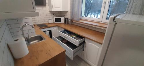 a small kitchen with a sink and a counter at Casa del Mare, Apartments and more in Łeba