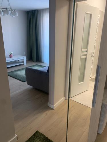 un soggiorno con letto e specchio di Apartament Izabella a Topliţa