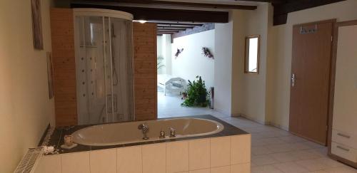 ein großes Bad mit Badewanne in einem Zimmer in der Unterkunft Pension Berghof in Breitenbrunn
