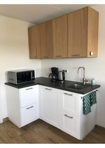 a kitchen with white cabinets and a sink and a microwave at B&B De Spiegel - Genieten van rust en ruimte in Cothen