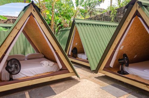 a group of three tents with beds in them at Clan.Destino Hostel in Ilhabela
