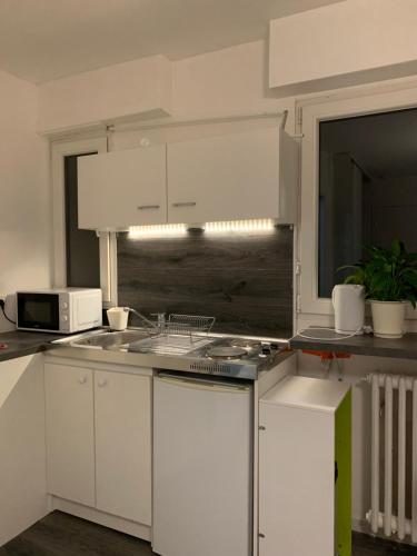 een keuken met witte kasten en een fornuis met oven bij La Rose in Straatsburg