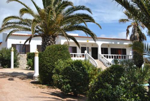 a white house with palm trees in front of it at Vivenda Familia Pedro in Vila do Bispo