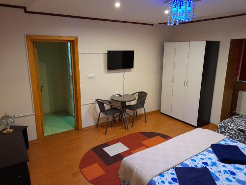 a bedroom with a bed and a table and a tv at Vila Magica in Constanţa