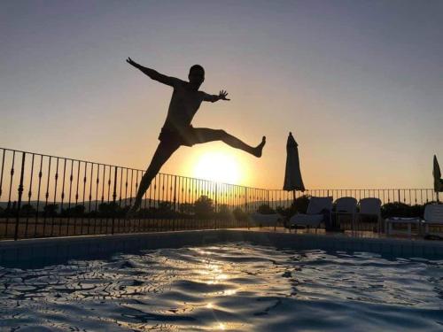 un hombre está saltando a una piscina en Agriturismo Oasi del Pianettino, en Campagnatico
