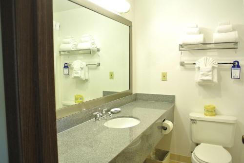 a bathroom with a toilet, sink, and mirror at Best Western Seattle Airport Hotel in SeaTac