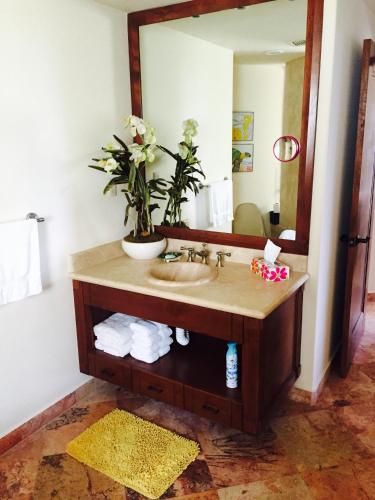 ein Badezimmer mit Waschbecken und Spiegel in der Unterkunft Misioneros Del Cabo in Cabo San Lucas