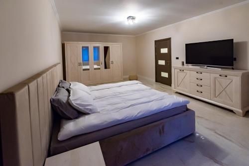 a bedroom with a large bed and a flat screen tv at MOKY REZIDENT in Arad