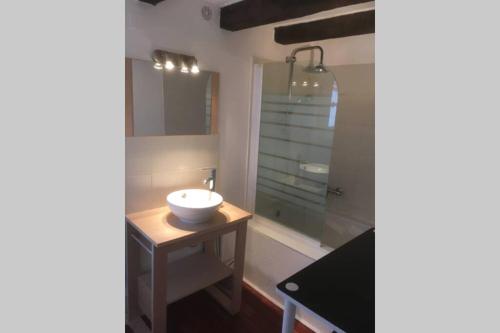 een badkamer met een wastafel en een douche bij Victor Hugo 3 G sa pizza offerte in Aurillac