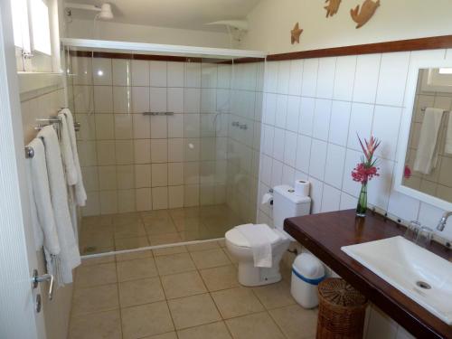 a bathroom with a shower and a toilet and a sink at Grimms Pousada de Contos in Porto de Sauipe