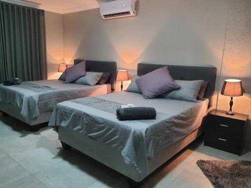 een slaapkamer met 2 bedden en een tv aan de muur bij Housemartin Guest House in Klerksdorp