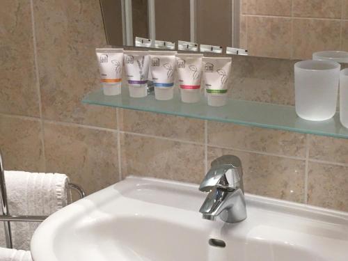 a bathroom sink with cups on a shelf above it at Herberts Stubn in Feldkirchen bei Graz