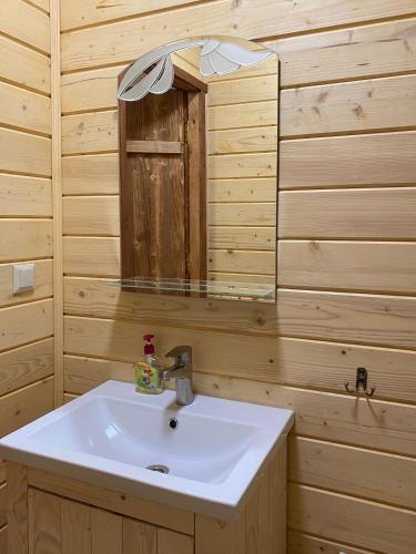 a bathroom with a sink and a mirror at Chalet PidStromom in Mykulychyn
