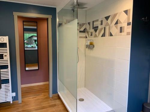 a bathroom with a shower with a glass door at Le Soleil Couchant/Chambre d'hôtes in Givet