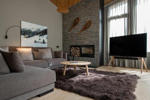 a living room with a couch and a fireplace at Vip Residences Andorra in El Tarter