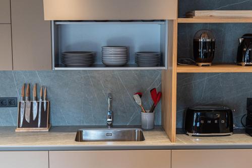 a kitchen with a sink and a shelf with dishes at Vip Residences Andorra in El Tarter