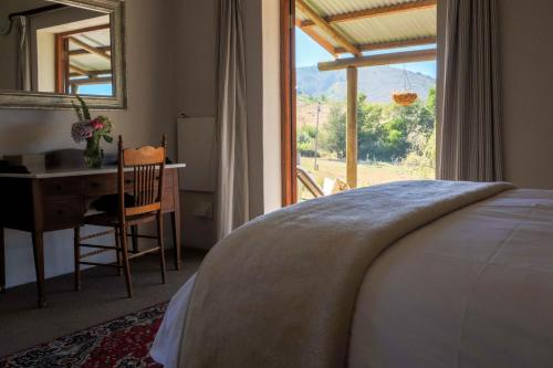 een slaapkamer met een bed, een bureau en een raam bij Zebra Cottage and Lodge in Stellenbosch