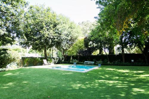 a yard with a small swimming pool in the grass at Burkleigh House in Johannesburg
