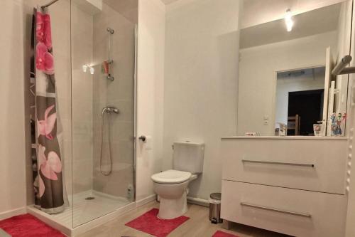 ein weißes Bad mit einer Dusche und einem WC in der Unterkunft Coquet pavillon avec jardin et terrasse dans une résidence à 500m de la mer in Sérignan