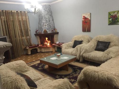 a living room with two couches and a fireplace at Vila Ridvani in Korçë