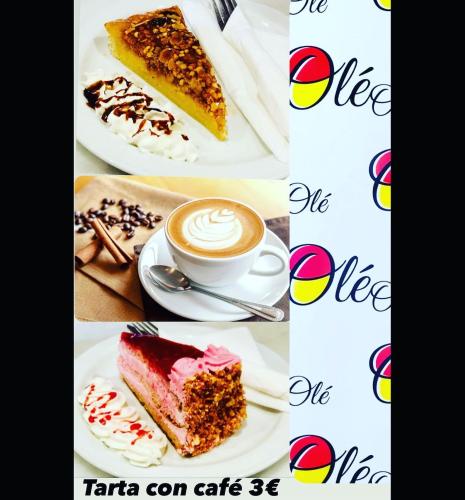 een collage van foto's van desserts en een kopje koffie bij Hostal Alhambra - Adults Only in Nerja