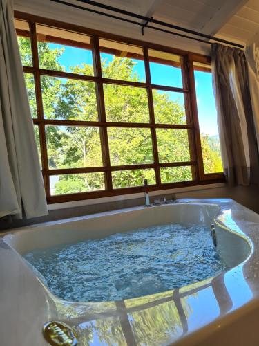 a large bath tub with a large window at Linaje Hotel Boutique & Relax in Lago Puelo