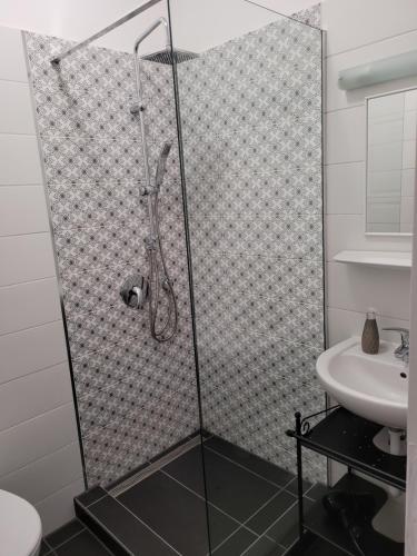a bathroom with a shower and a sink at Martina apartman in Gyula