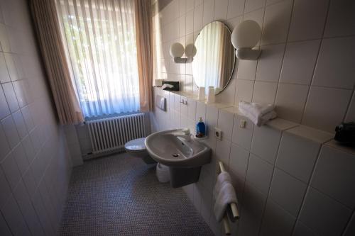 ein Badezimmer mit einem Waschbecken, einem WC und einem Spiegel in der Unterkunft Kaiserstühler-Hof in Breisach am Rhein