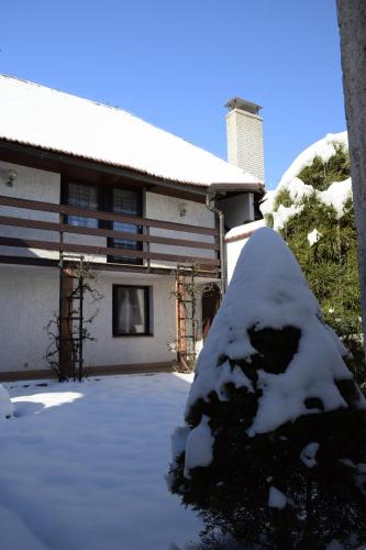 a house covered in snow in front of it at Chata Lucie pod Řípem in Roudnice nad Labem