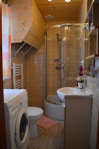 a bathroom with a toilet and a sink and a washing machine at Domek pod Soszowem in Wisła