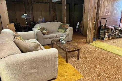 a living room with two couches and a coffee table at Regent Hilltop Cabin in Sandyville