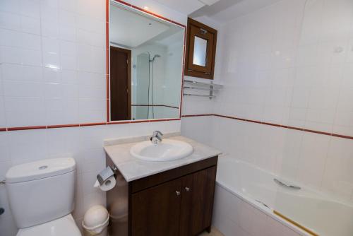 een badkamer met een wastafel, een toilet en een spiegel bij Apartament PARAISO DEL SOL in Torrevieja