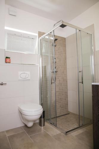 a bathroom with a toilet and a glass shower at Balkon Apartmanház Panzió in Balatonfüred
